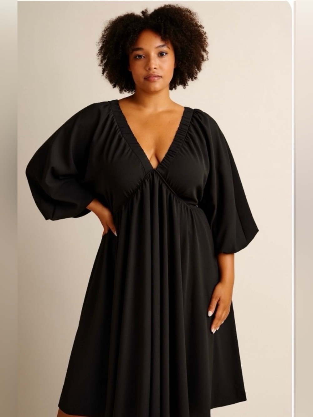 SHEIN Curve Black Deep V Empire Waist Bell Sleeve Midi Dress 1XL